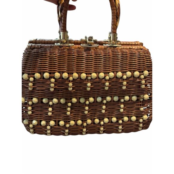 No Brand Handbags - VINTAGE Brown Rattan Wicker Beaded Box Handbag Top Handle Purse Empire Made